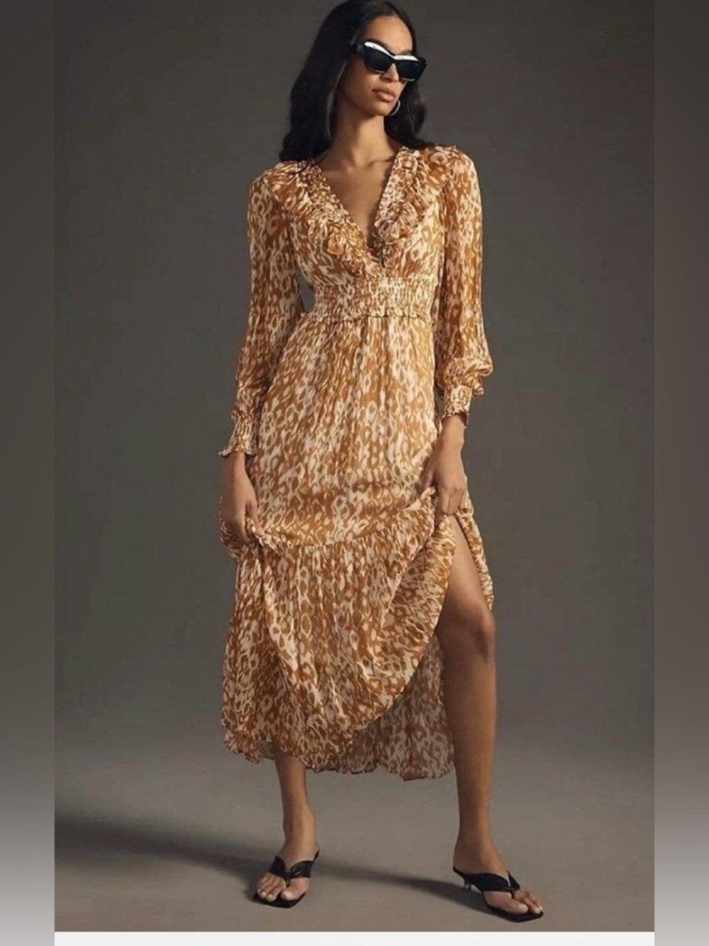 NWT Anthropologie Odetta Ruffle Smocked Maxi Dress Honey L Boho Goddess Chic